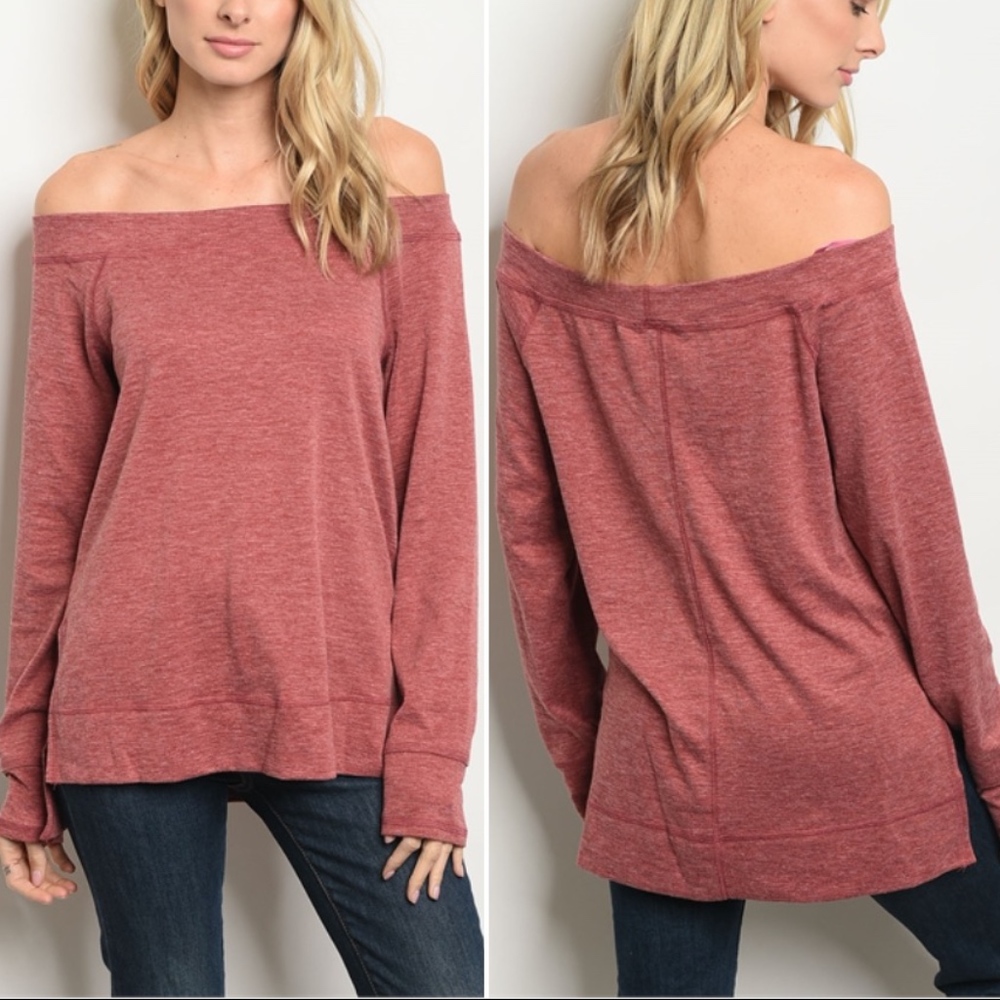WINE OFF SHOULDER TUNIC KNIT TOP